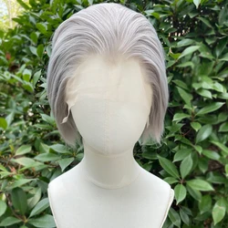 Widow's Peak Short Bob Cut Synthetic Lace Front Wigs for Women Cosplay Wigs for Men Silver Gray Glueless 13x4 Lace Wigs Natural