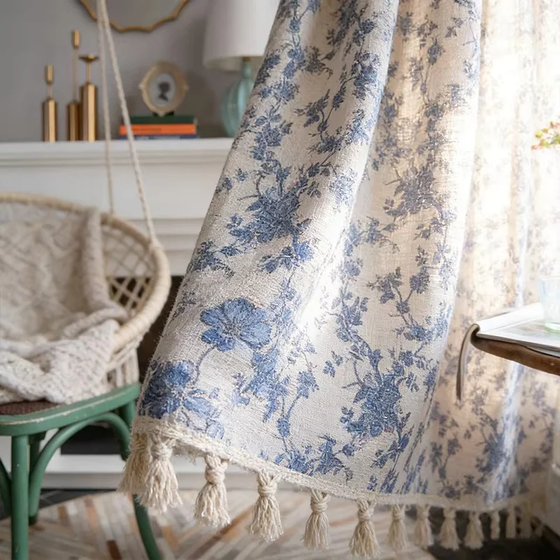 Cotton Linen Blue Retro Floral Curtains Rural Pastoral Farmhouse Pattern Curtain with Tassels Window for Living Room Bedroom 1PC