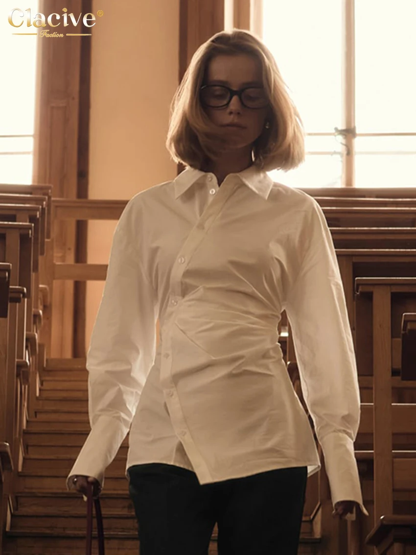 Clacive Fashion Slim White Cotton Women's Shirt 2025 Bodycon Lapel Long Sleeve Shirts Elegant Classic Solid Top Female Clothing