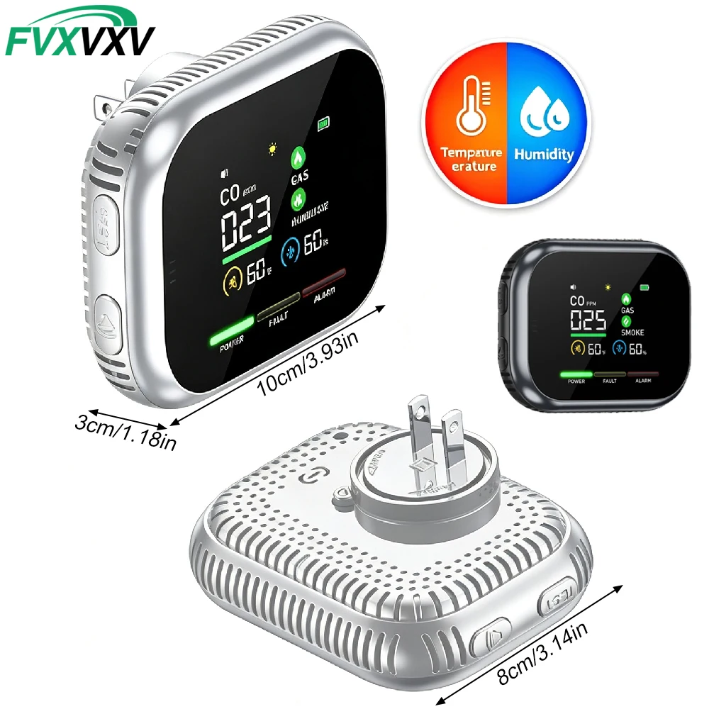 1Set 6 in 1 Plug in Carbon Monoxide Detector Temperature Humidity Device Combustible Gas Smoke Alarm for Home Kitchen Safety