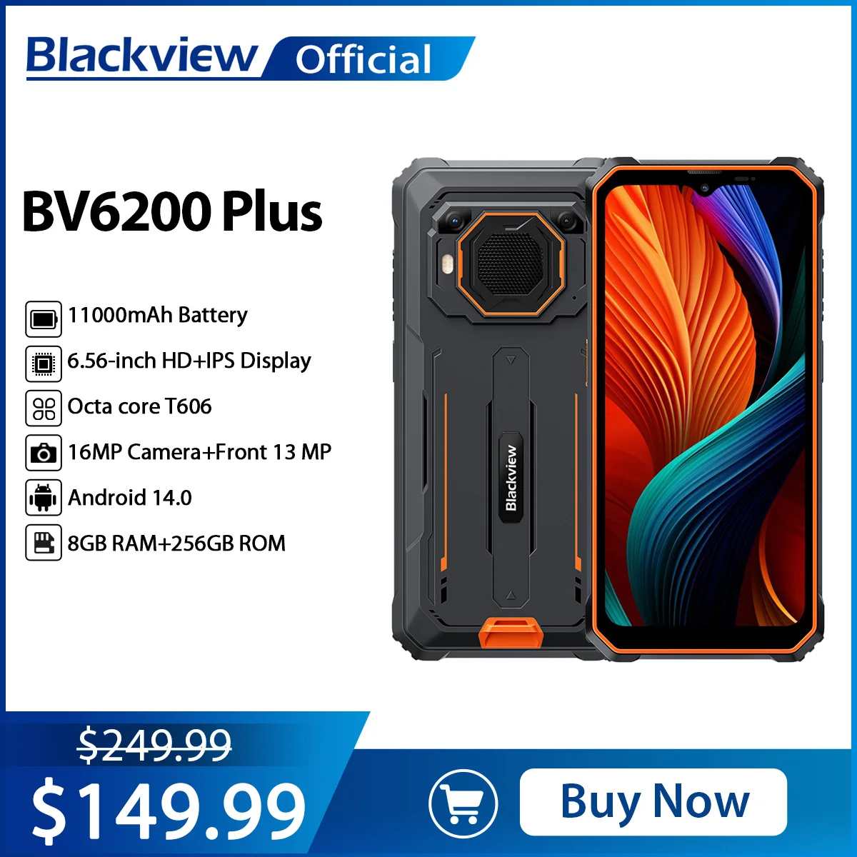 Blackview BV6200 Plusโทรศัพท์ที่ทนทาน 11000MAh,6.56 ''จอแสดงผลHD +,Octa Core T606 8GB 256GB,16MP + 2MP AIกล้องAndroid 14 โทรศัพท์มือถือ