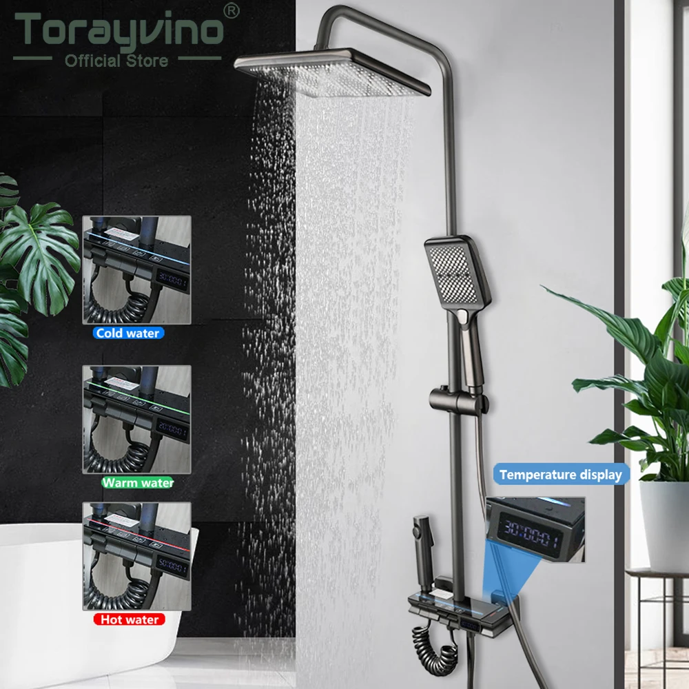 

Torayvino Bathroom Shower Set Pressurized Digital Display Wall Mount 4-way Shower System Rainfall Mixer Faucet Chuveiro Banheiro