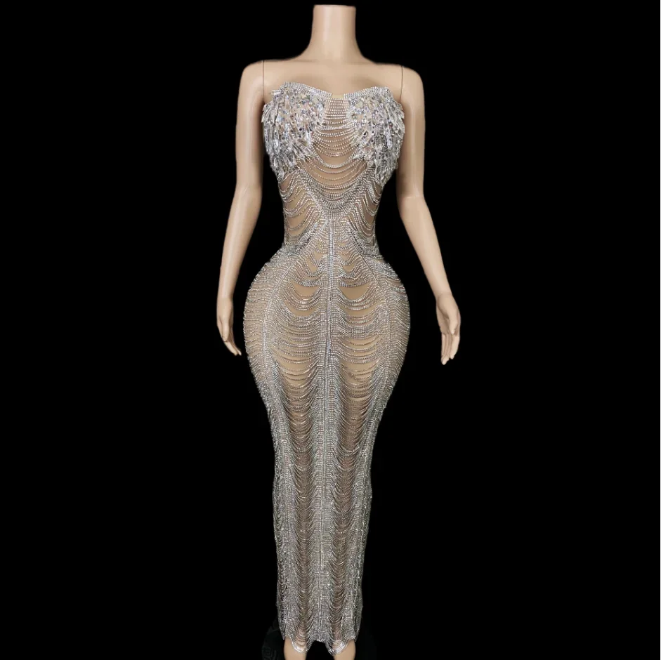 Silber kristalle Ketten Strass steine luxuriöses Kleid sexy transparentes Outfit Tanzbühne Hochzeit Nachtclub handgemachtes Kostüm ailisi