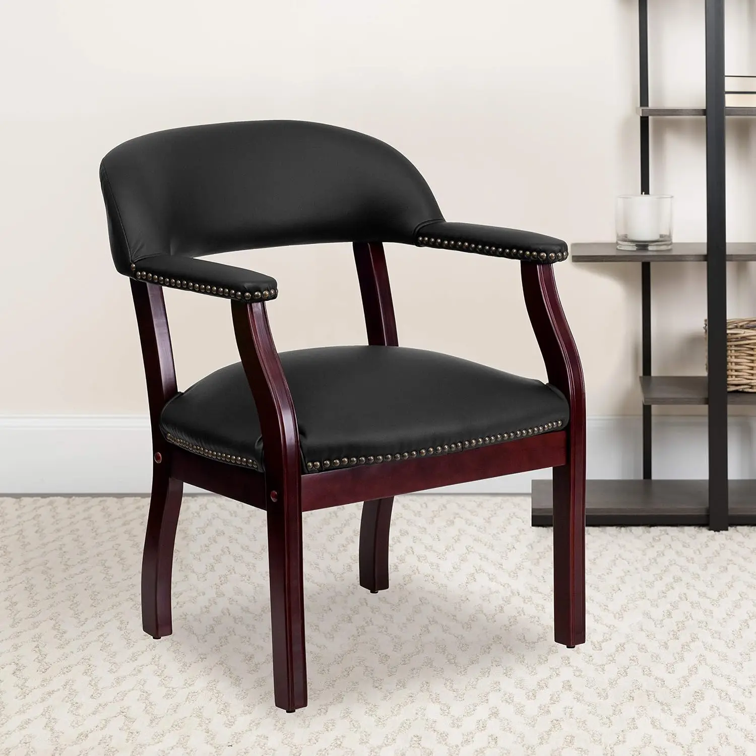Black Faux Leather Conference Chair with Diamond Pattern and Decorative Nailhead Trim