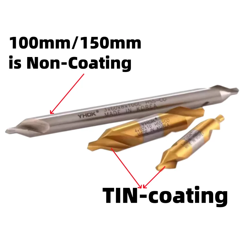 한국 YHOK 코발트 HSS-CO, 60 ° 중심 드릴, 주석 코팅, 0.5mm-6.0mm 드릴 비트, 100L, 150L, 비코팅, 1 개