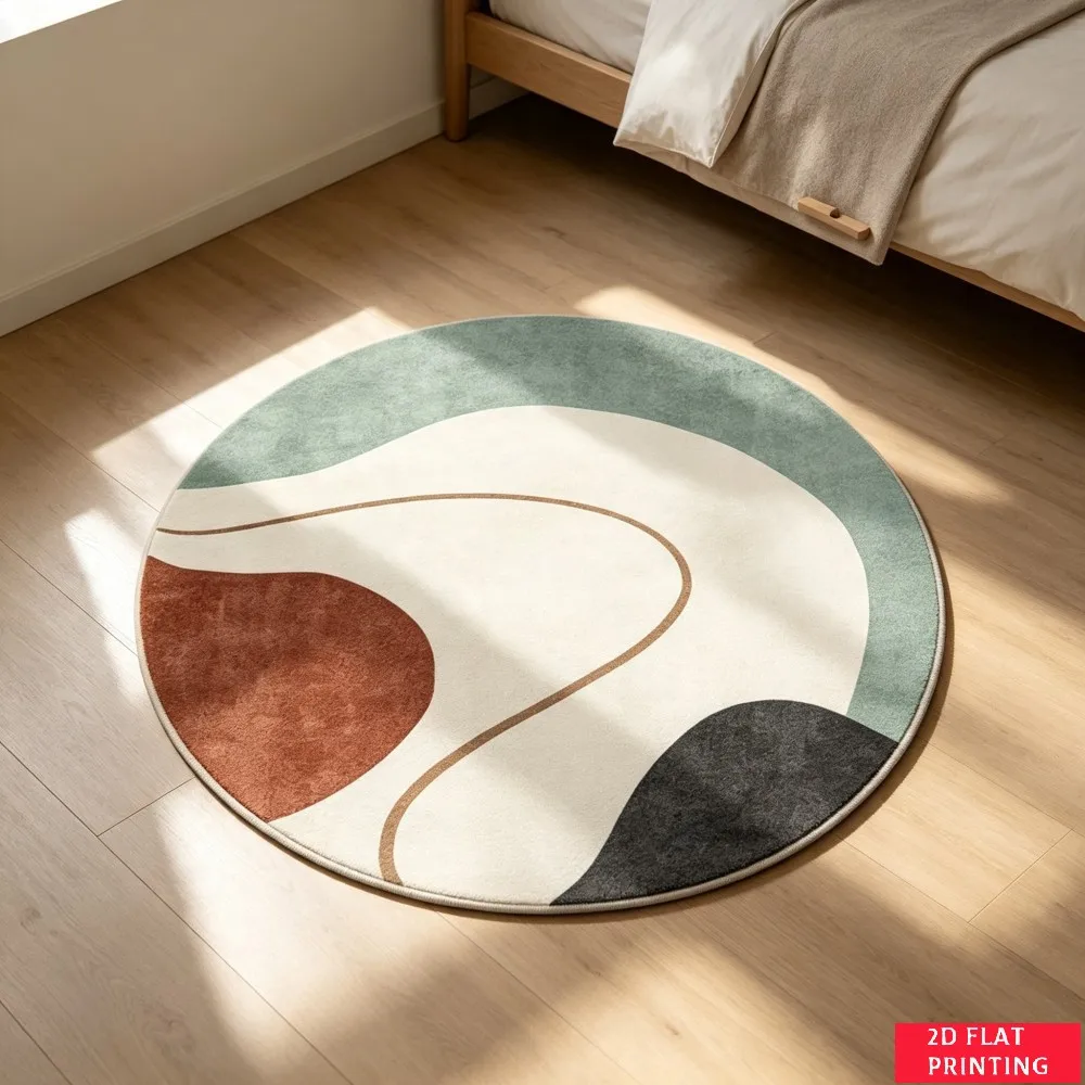 Modern Abstract Green White Terracotta Shape Round Carpet For Contemporary Living Room Or Office With Minimalist Geometric