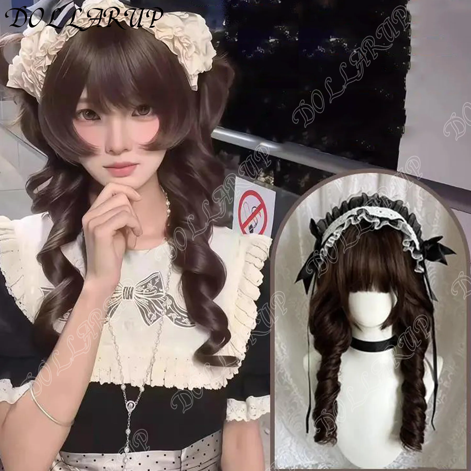 

Shattered bangs with sideburns Lolita Black Color Synthetic Wigs With Bangs And Double Ponytails Short Curly Hair Wig