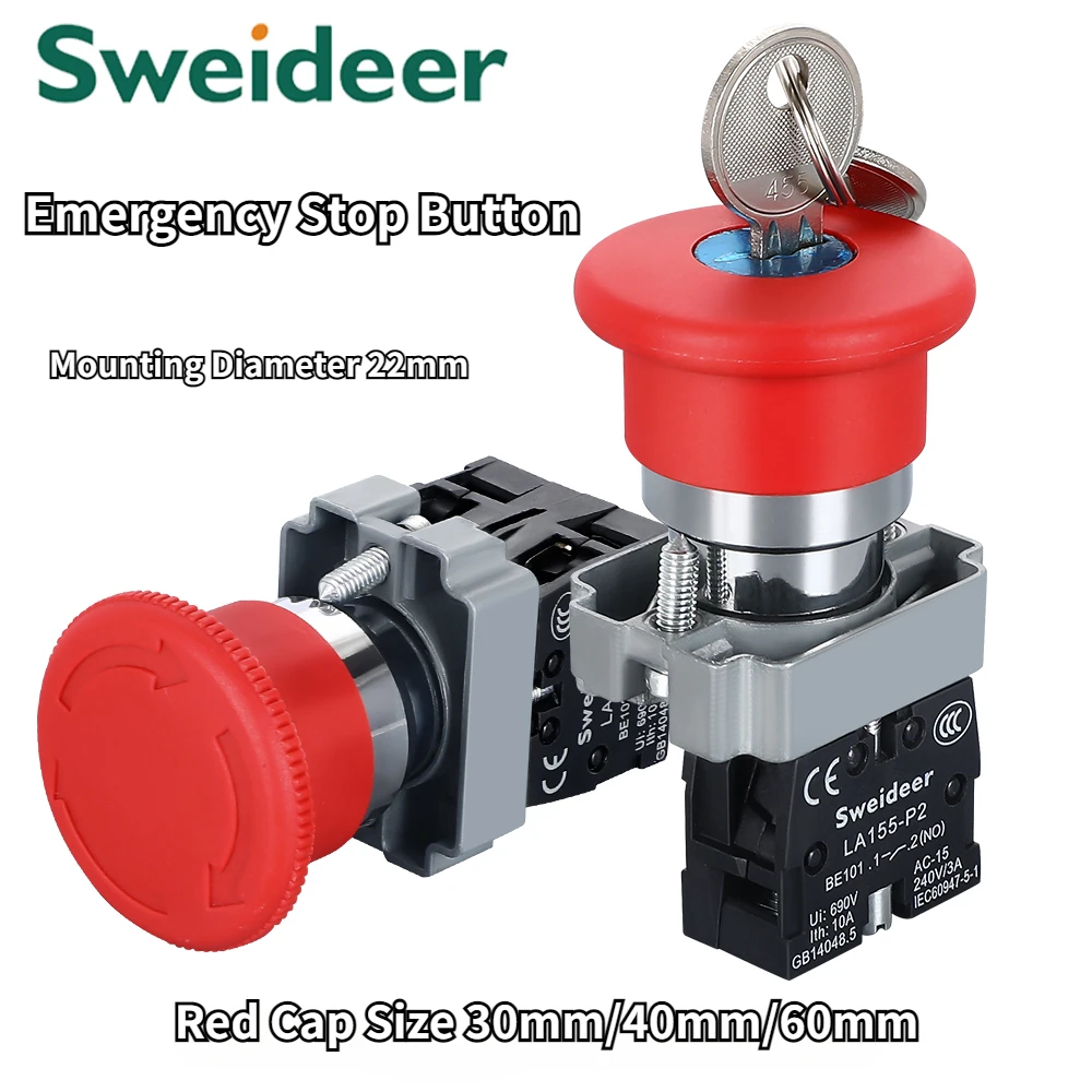 Interruptor de botón de parada de emergencia, XB2-BS542 de bloqueo giratorio, 220V, BS442, BS642, BS142, 10A, llave de arranque para panel
