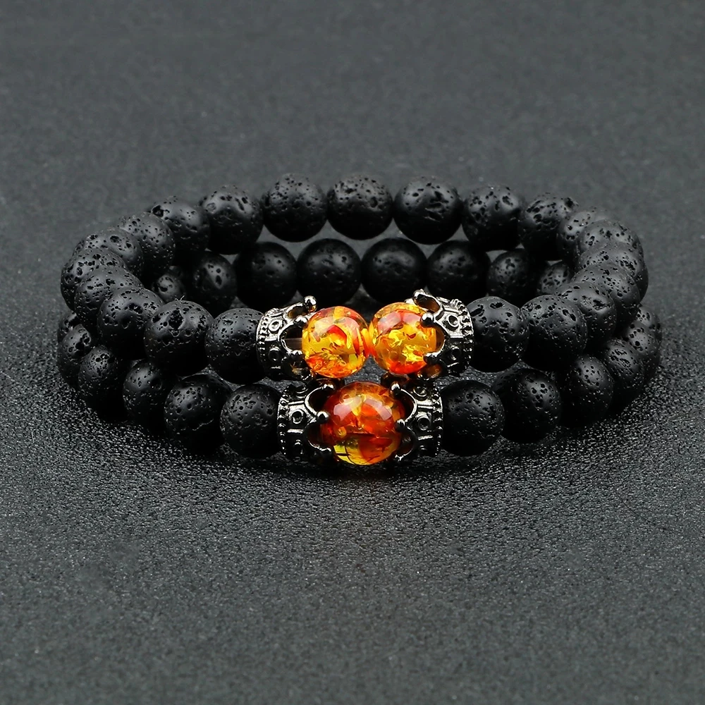 Black Lava Stone Crown Charm Tiger Eye Beads Bracelet For Men Women Braided Bracelets Handmade Adjustable Jewelry Pulseira