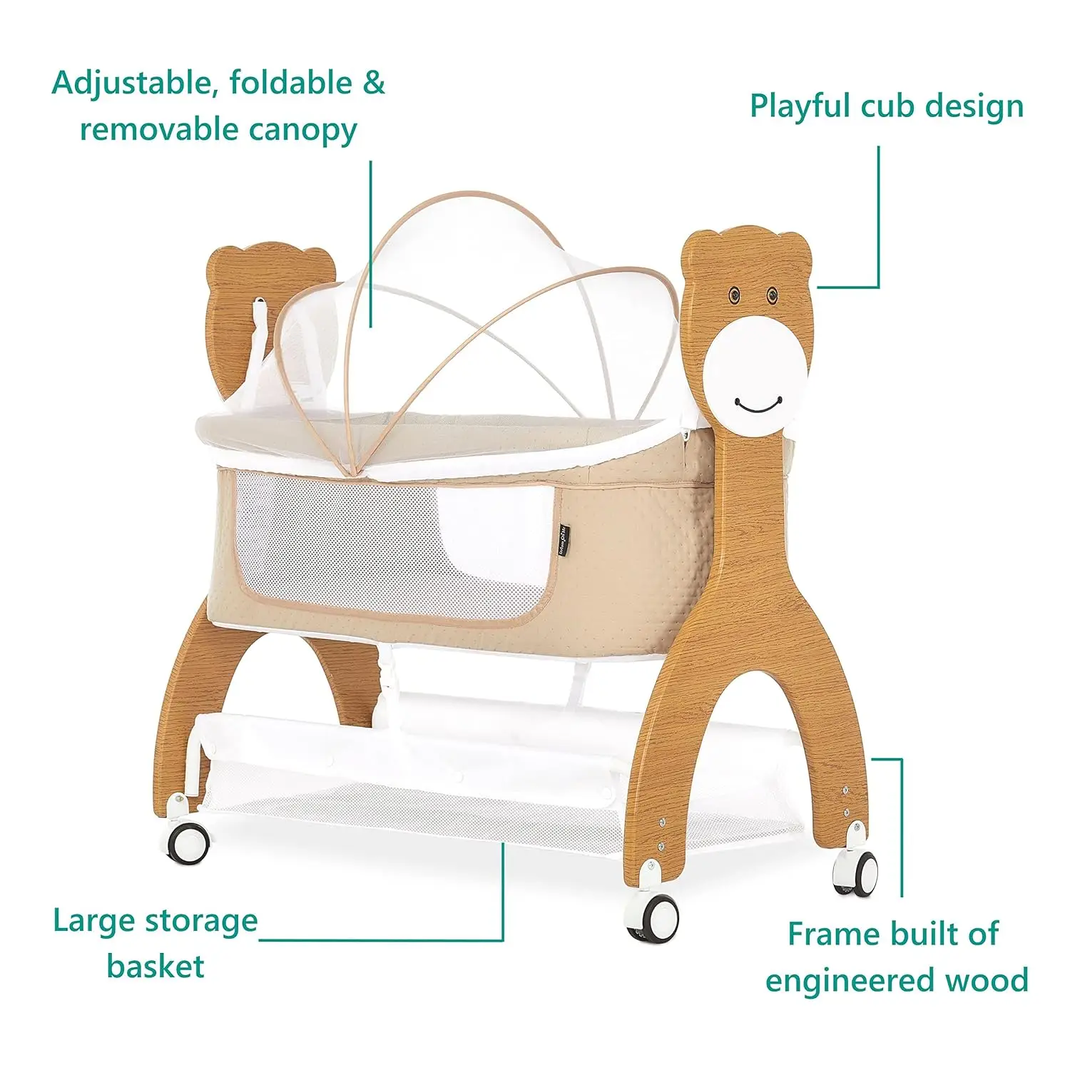 Cub Portable Bassinet , Multi-Use Baby Bassinet with Locking Wheels, Large Storage Basket, Mattress Pad Included, JPMA Certified