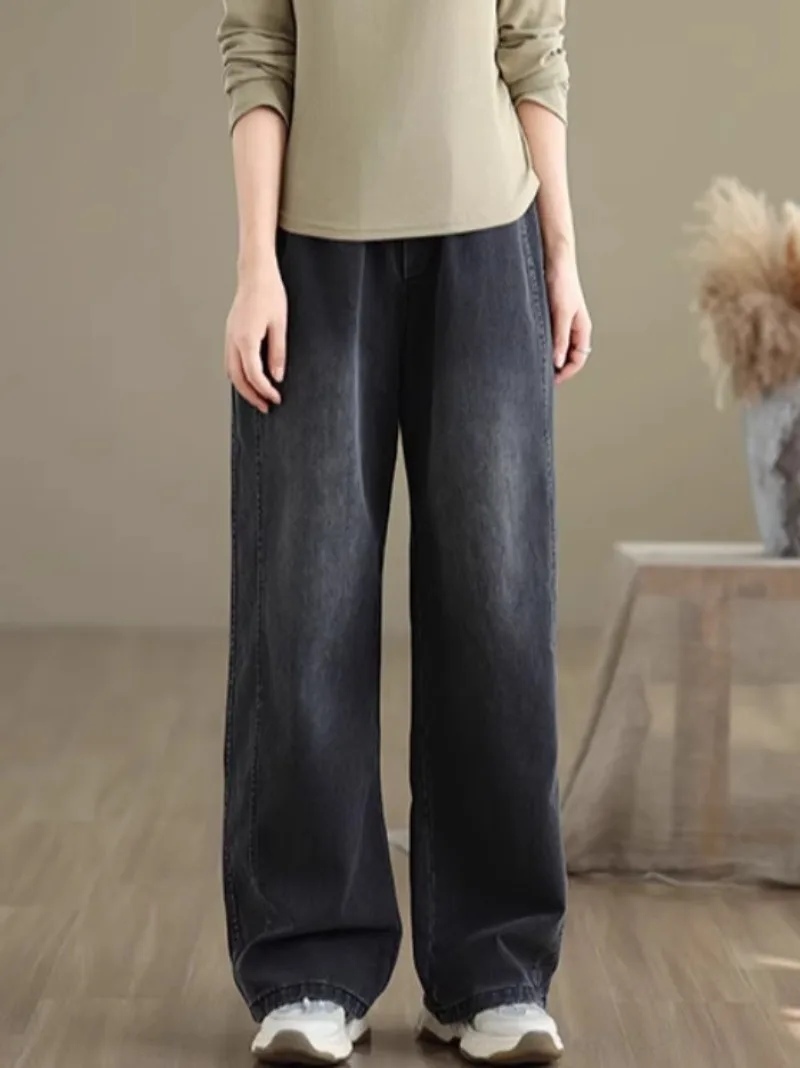 6294 Women Vintage Denim Pants Spring Fashion Elastic Waist Loose Casual Straight Trouser Female Good Quality Simple Basic Jeans