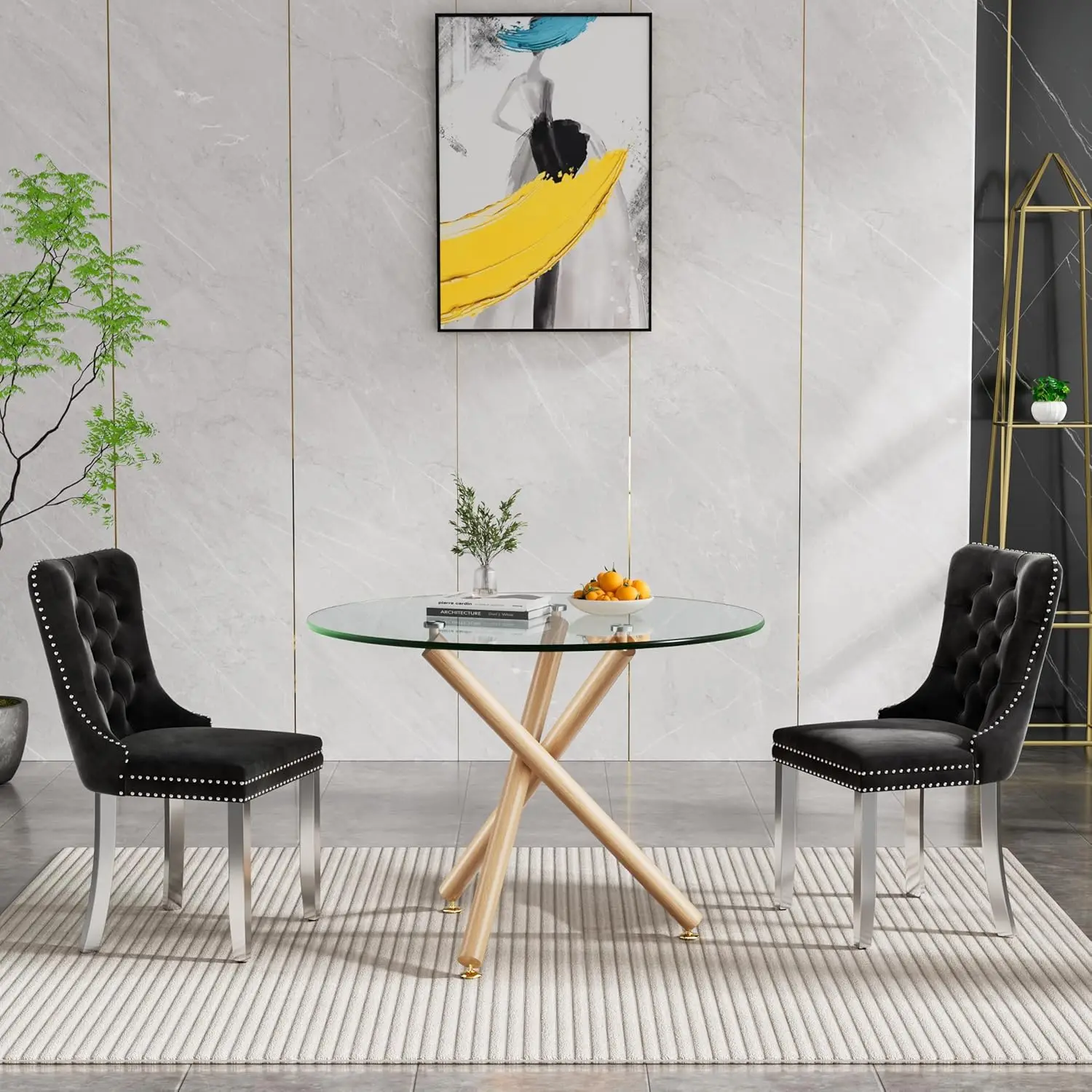 

35.4'' Glass Round Dining Table Set for 2,Glass Dining Room Table with 2 Upholstered Chairs,3-Piece Table