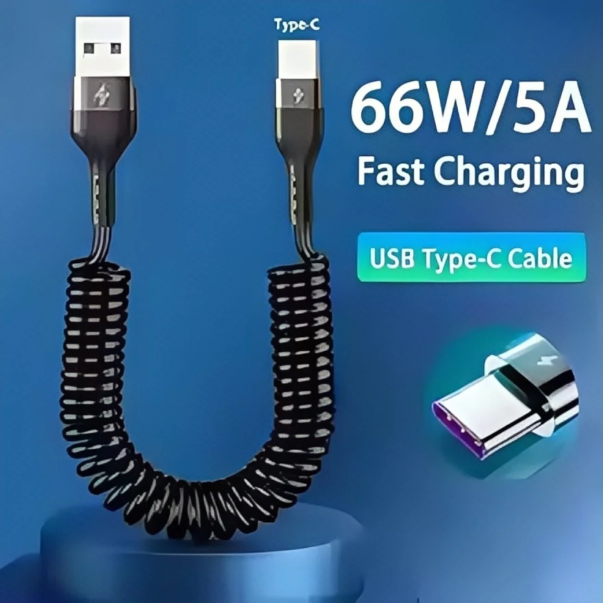 66W 5A Super Fast Charging Cable USB C to C/USB A to C - Spring Coiled Type-C Cord for Xiaomi/Huawei/OPPO/Phone Car Charger