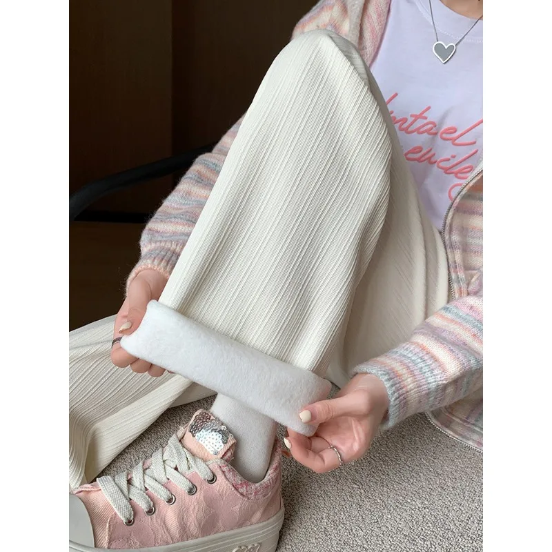 Women's Fleece Lined Wide Leg Pants Narrow Vertical Stripes Relaxed Fit Slimming High Waist Flowy Straight Leg Casual Trousers