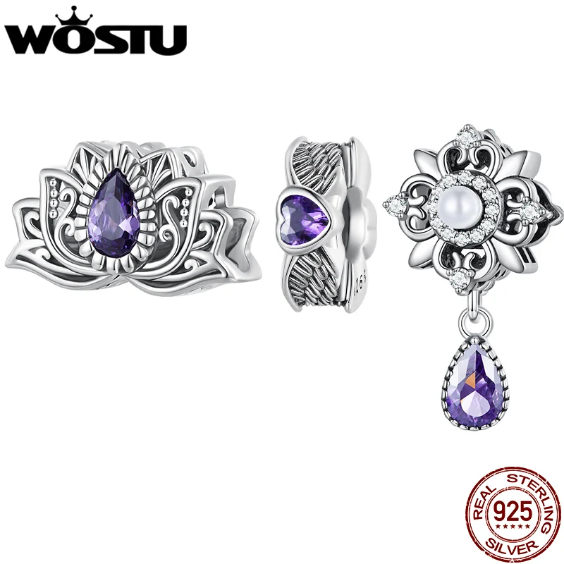 WOSTU 925 Sterling Silver Lotus Flower Beads Purple Crystal Pearl Charms Drop Pendant Fit Original Bracelet DIY Necklace Jewelry