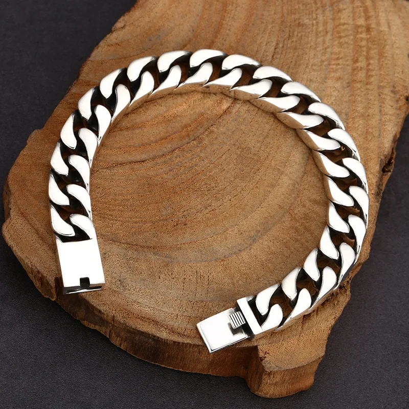 925 Sterling Unisex Style Polished Cuban Bracelet, Thai Silver Vintage Jewelry
