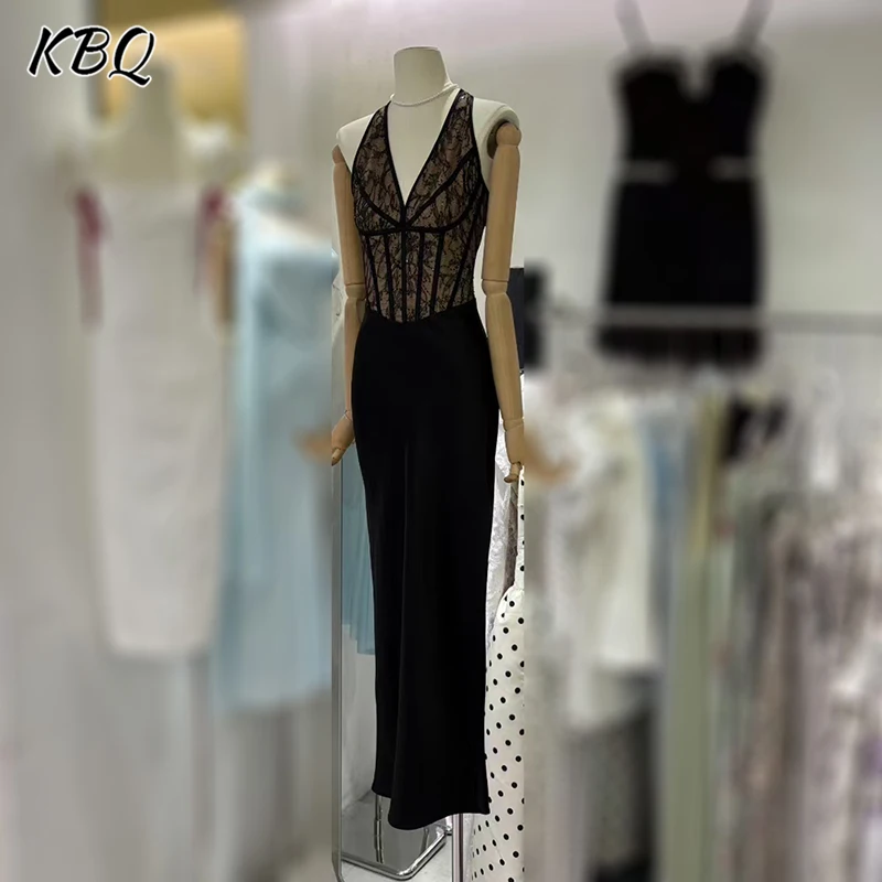 

KBQ Temperament Solid Backless Slimming Dresses for Women Halter Sleeveless High Waist Elegant Slimming Evening Dress Female New