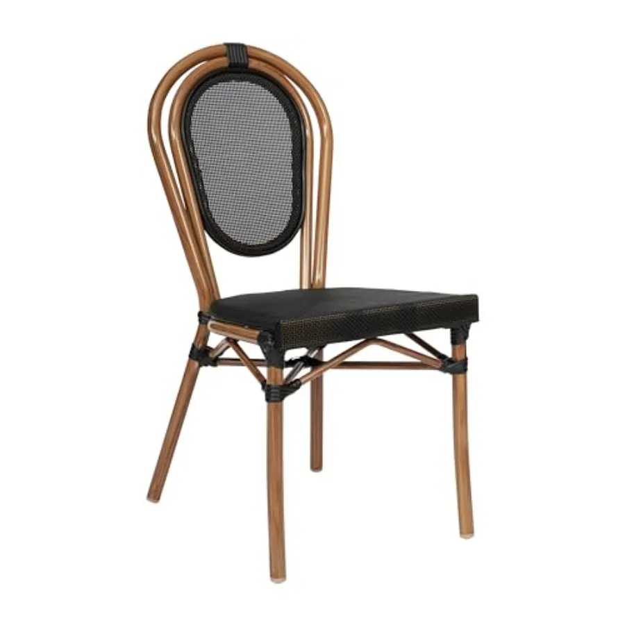 

Marseille Indoor/Outdoor Commercial Bistro Stack Chair - Black Textilene Back and Seat - Natural Bamboo Print Metal Frame