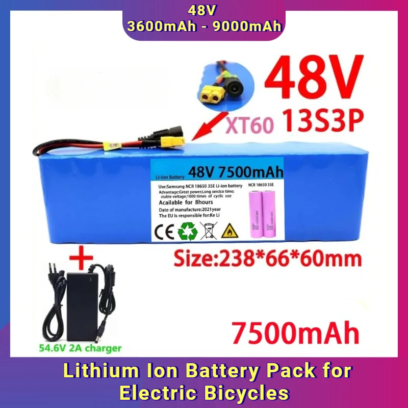 

48V 3600mAh - 9000mAh 13S3P + Charger 18650 Lithium Ion Battery Pack for Electric Bicycles
