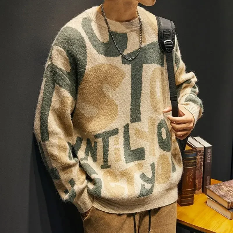 

Men's Knit Sweater Round Collar Pullovers Male Knitwear Letter Embroidery Thick Woven Sweaters Korean Fashion Clothes