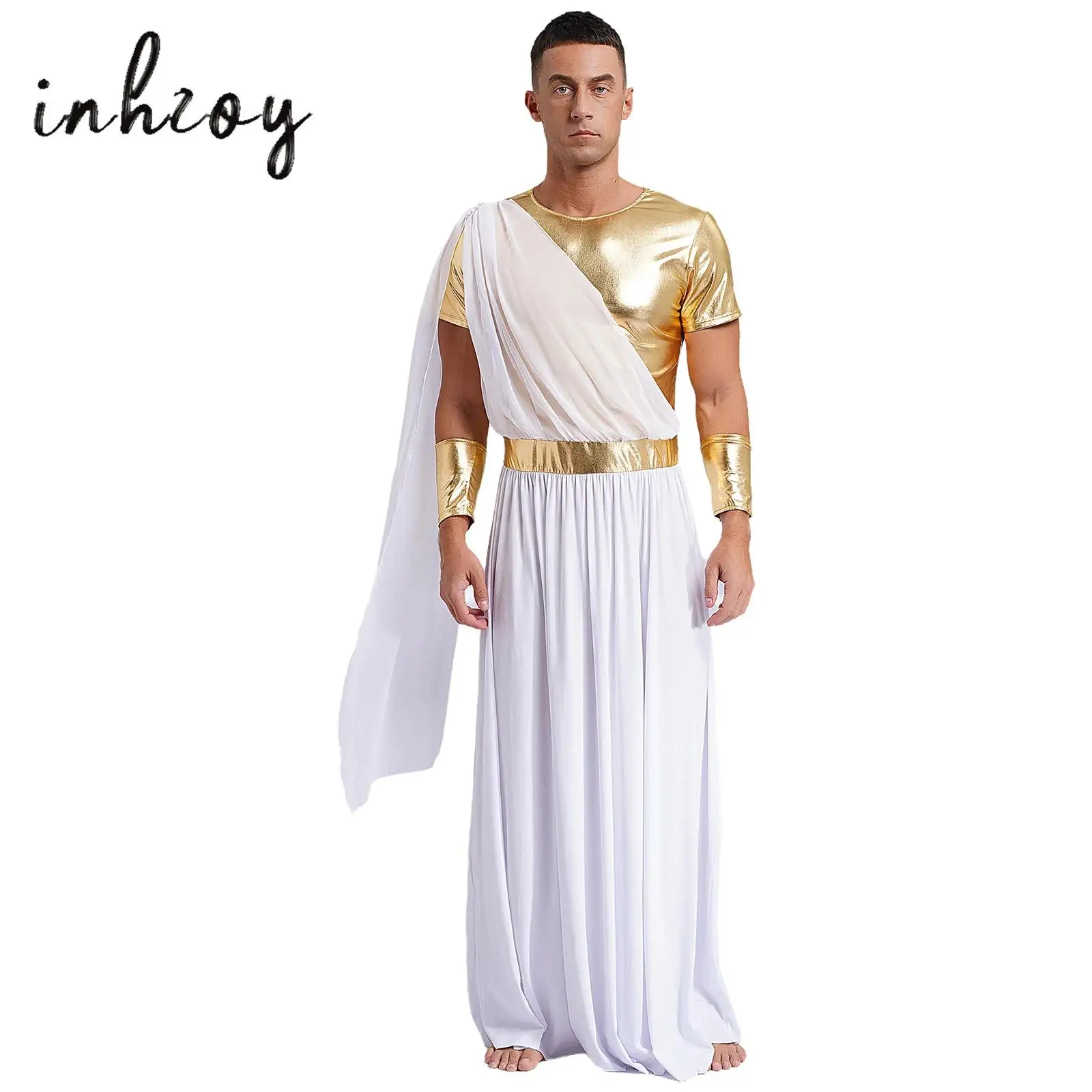 

Mens Halloween Ancient Greek Toga Dress Short Sleeve Metallic Patchwork Robe+Wristband Pullover Tunic Cosplay Roman Costumes