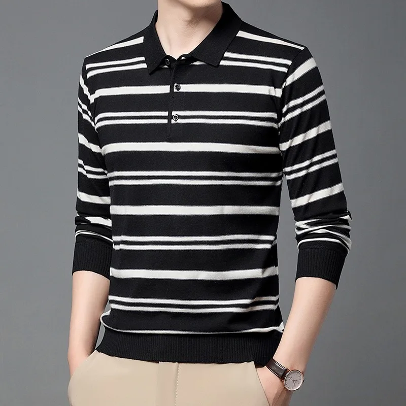 Men\'s Autumn and Winter Warm Slim Fit Sweater Business Casual Stripe Embroidered Turn-down Collar Long Sleeve Sweater Pullover