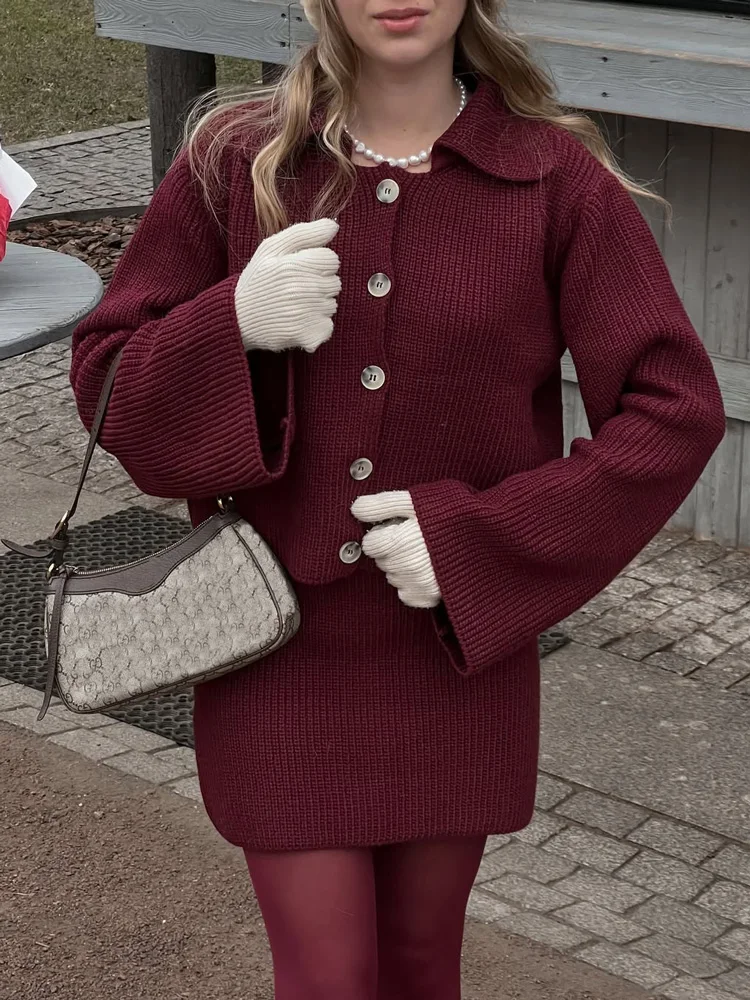 Long Sleeve Cardigan Outwear and High Waist Mini Skirt Sets Knitwear Female Knit 2 Piece-Set Skirt Sweater