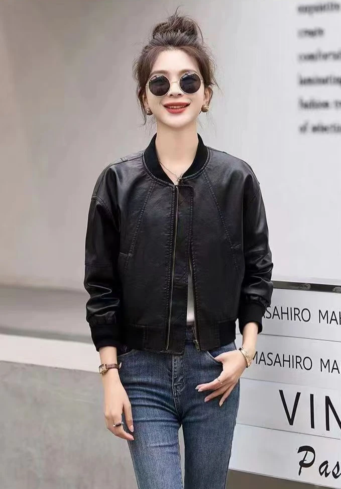 Hot Short Bomber Jacket for Women Spring Autumn Brown PU Leather Baseball Aviator Coat Woman Harajuku Pretty Luxury High Quality