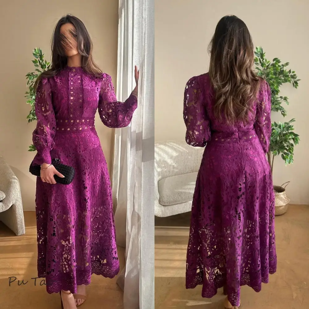 

PuTao Modern Style Formal Evening Dress Lace Hollow O-Neck A-line Ankle-Length Lace Bespoke Occasion Dresses Prom Dresses