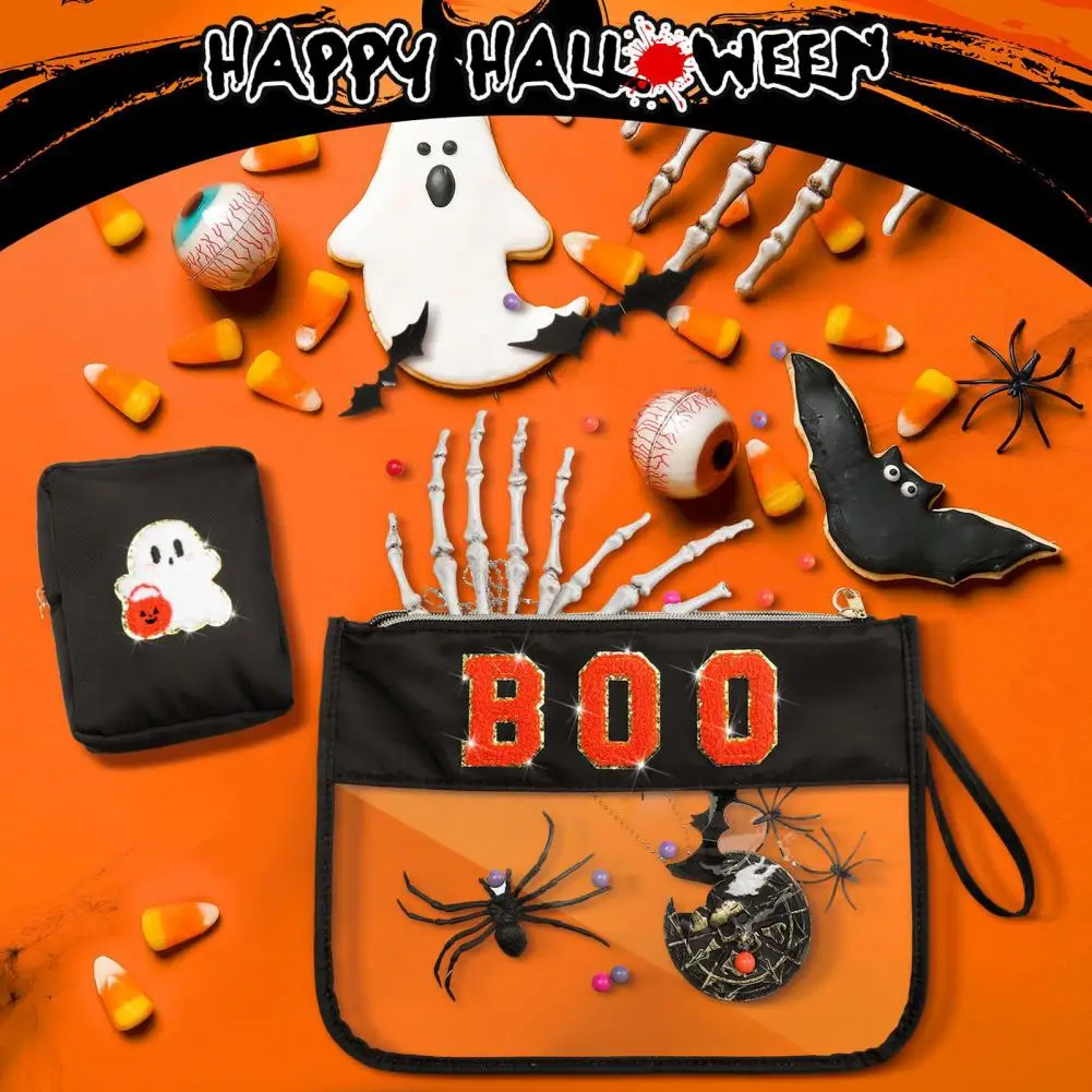 Borse eleganti Set di borse per trucco di Halloween con cerniera Borsa per cosmetici con lettera Boo Borsa impermeabile per riporre la zucca fantasma per ragazze