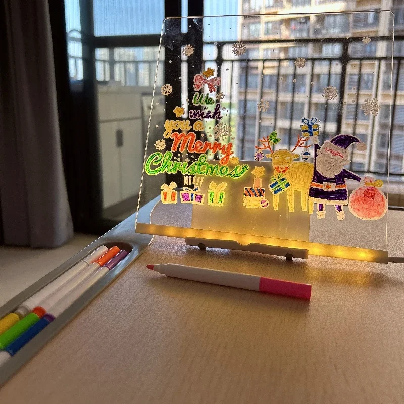 Tablero de notas LED con colores, dibujo acrílico brillante con tablero de borrado en seco iluminado con soporte como letra de notas brillante