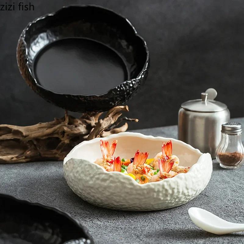 Black White Ceramic Eggshell Shaped Bowl Irregular Salad Bowl Thick Soup Bowl Serving Bowls Dessert Bowls Restaurant Tableware