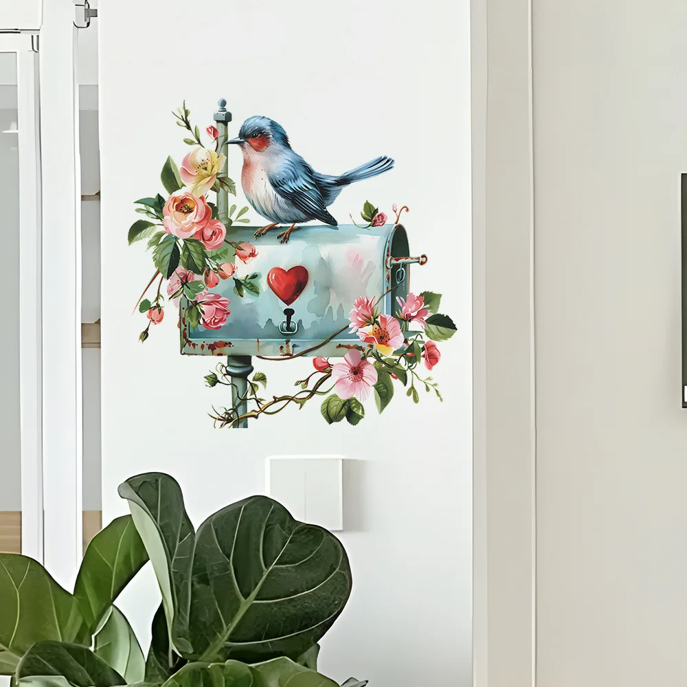 Cartoon Flower Bird Mailbox Wall Sticker Living Room Background Decoration Door Mural Bedroom Home Decor Self-adhesive Decals