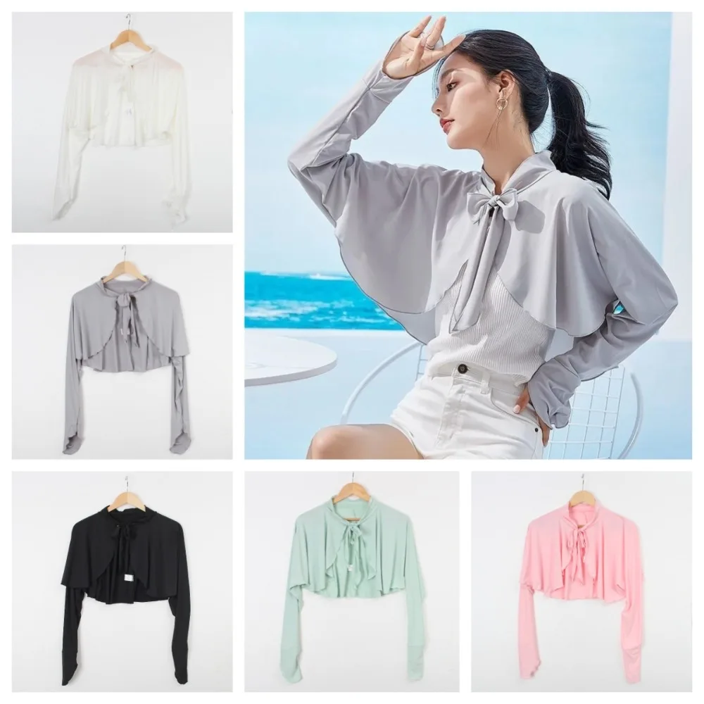

Casual Ultra-thin Long Sleeve Crop Top Quick-Drying Anti UV Sunscreen Sleeves Short Blouse UV Protection Ice Silk Shawl Lady