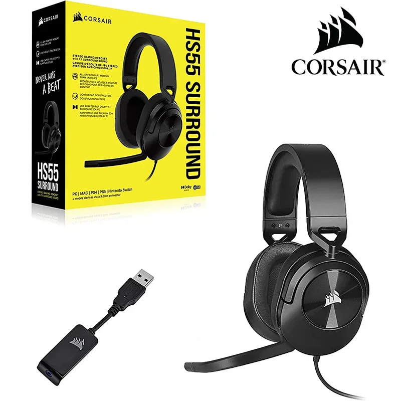 Corsair HS55 Surround Gaming Headset (Leatherette Memory Foam Ear Pads, Dolby Audio 7.1 Surround Sound on PC and Mac