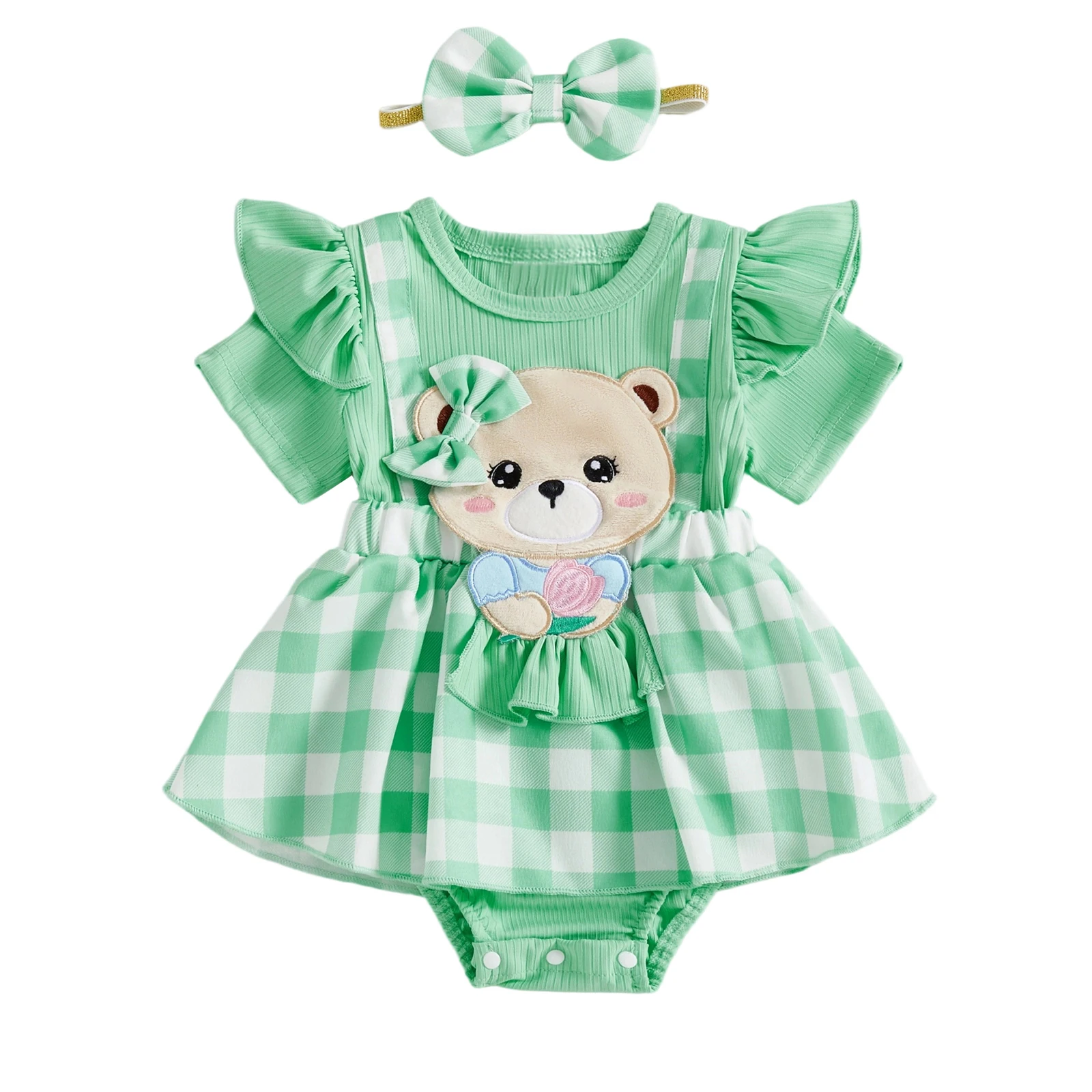 

Наряд для маленьких девочек, клетчатый комбинезон с короткими рукавами и вышивкой медведя, платье с бантом, повязка на голову, комплект из 2 предметов