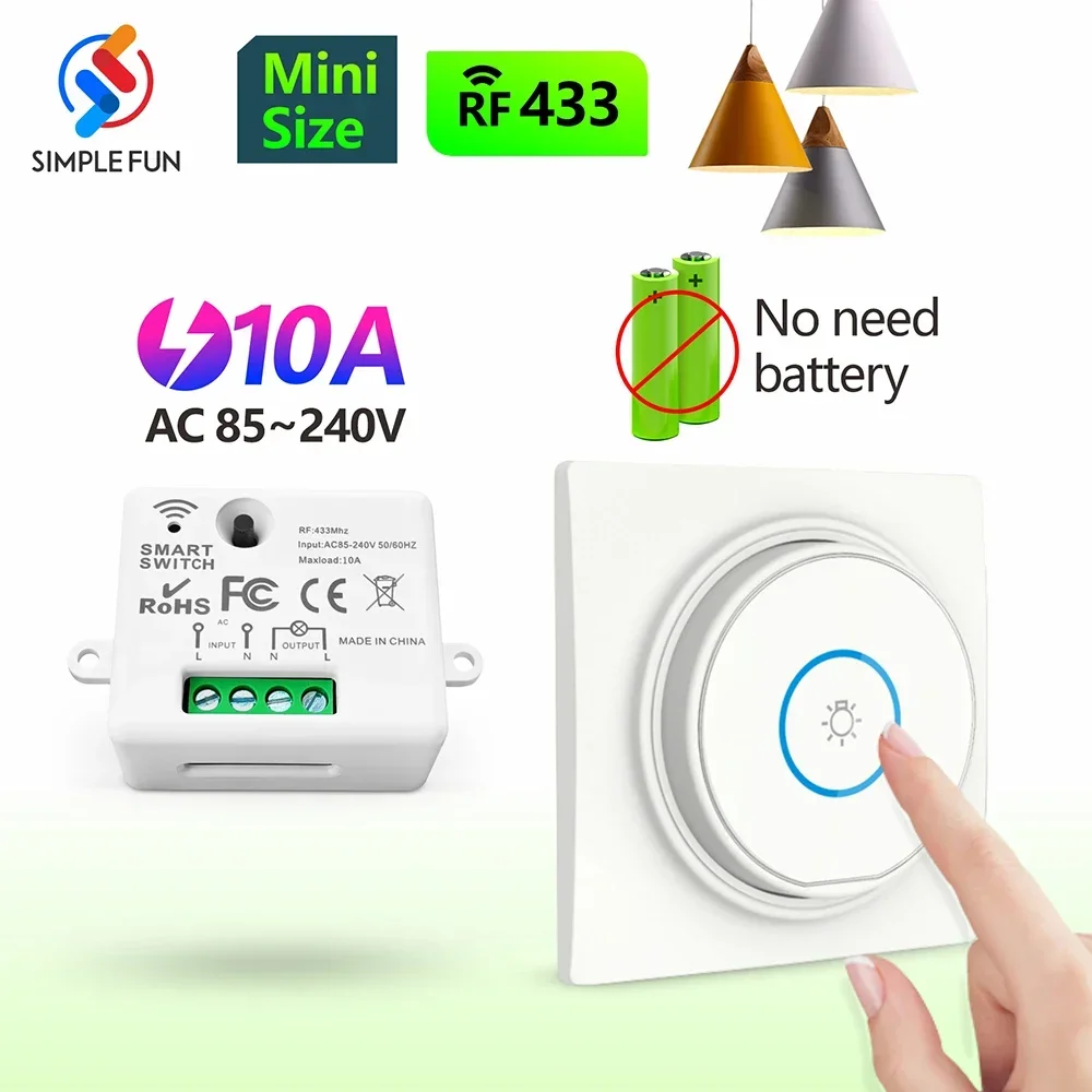 

433MHz Wireless Smart Light Switch Self Powered Transmitter No Need Battery 110V 220V Mini Receiver Remote Control for Light Fan