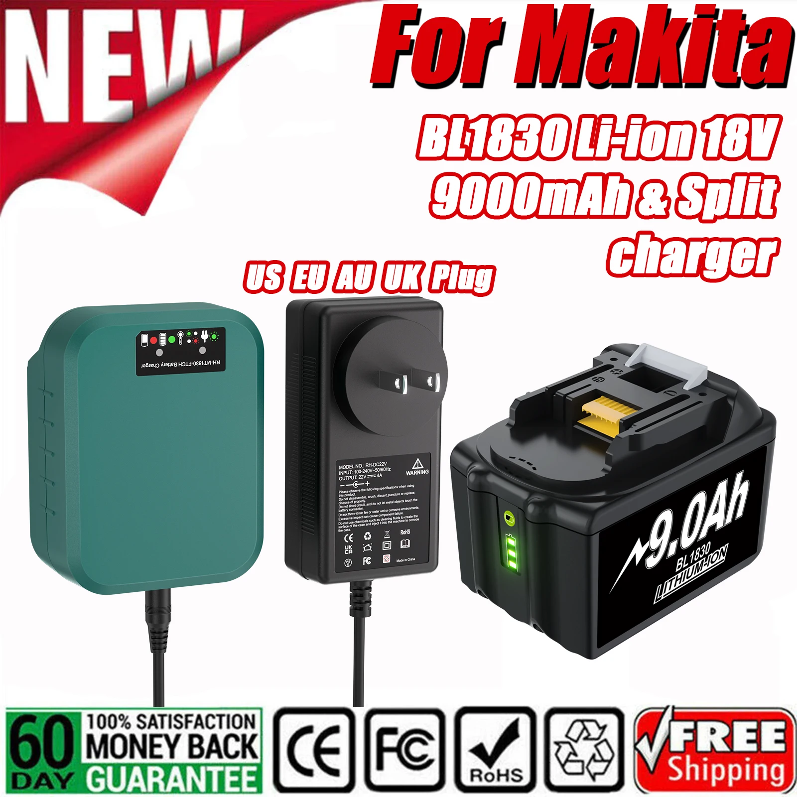 Split Charger 3A Set For Makita BL1830 BL1815 BL1820 BL1840 BL1850 BL1860 18V 9.0Ah Li-ion Rechargeable Battery US/EU/AU Plug