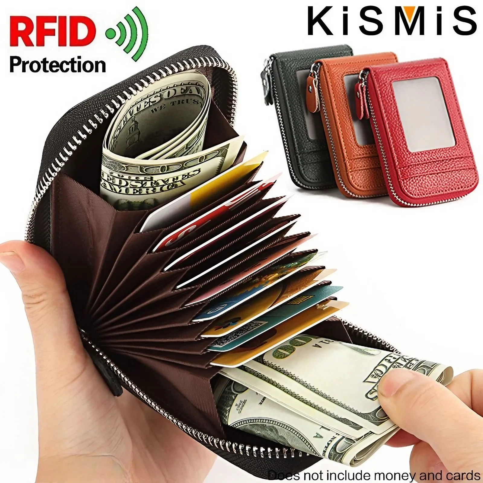 KISMIS 1PC Men Wallet Credit Card Holder Genuine Leather RFID Blocking Zipper Pocket Thin