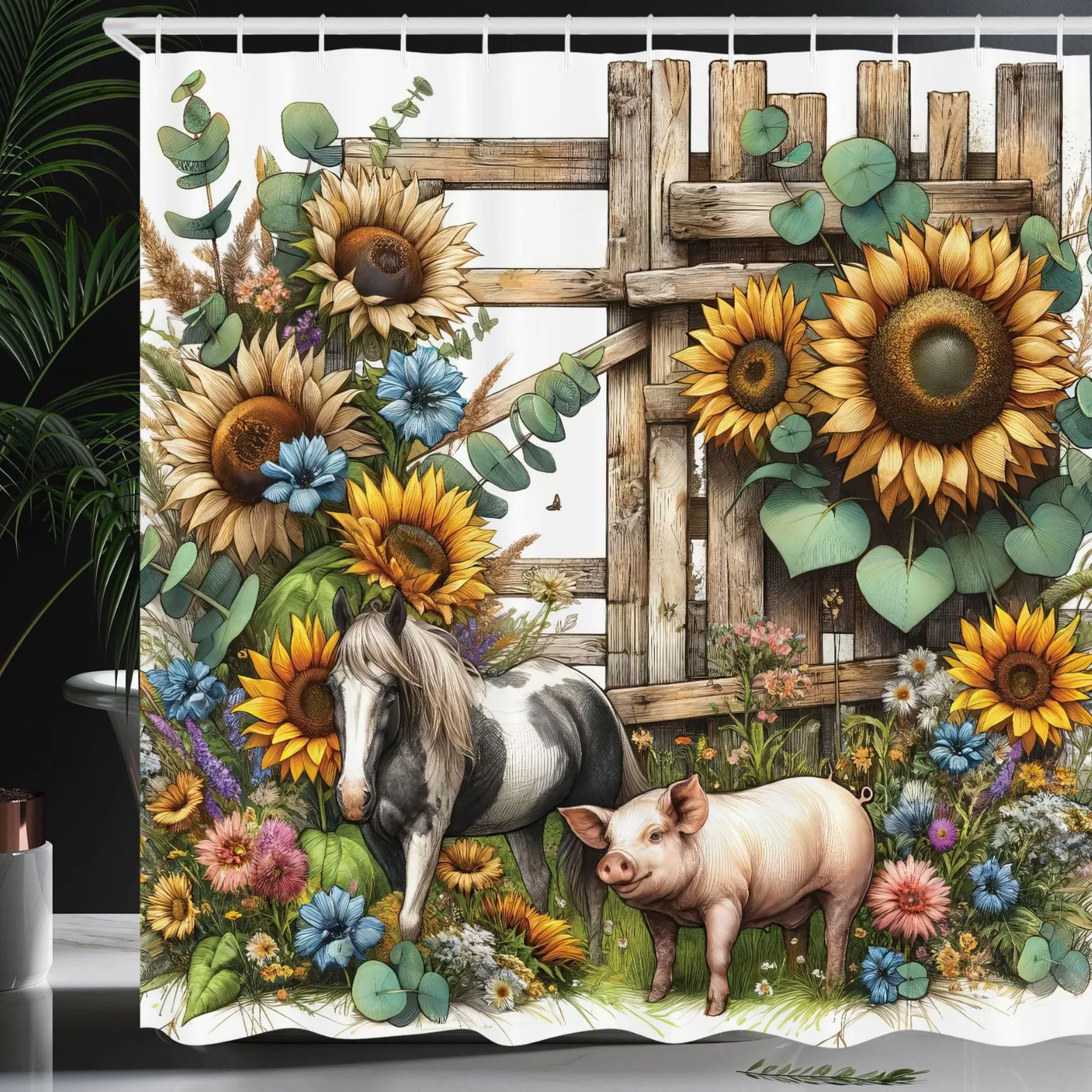 

Wooden Background Daisy Butterfly Shower Curtain Machine Washable All Season Waterproof Privacy Protection Rustic Design Natural