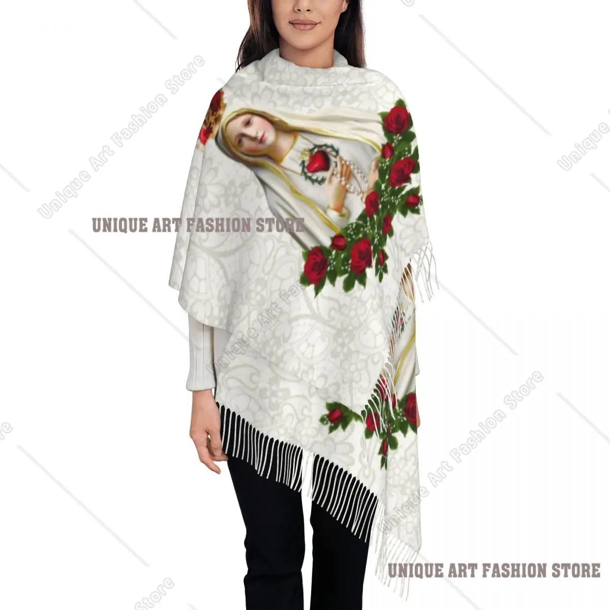 طباعة مخصصة سيدة فاطمة مريم العذراء وشاح النساء الرجال الشتاء الدافئة الأوشحة البرتغال الوردية الكاثوليكية شال التفاف