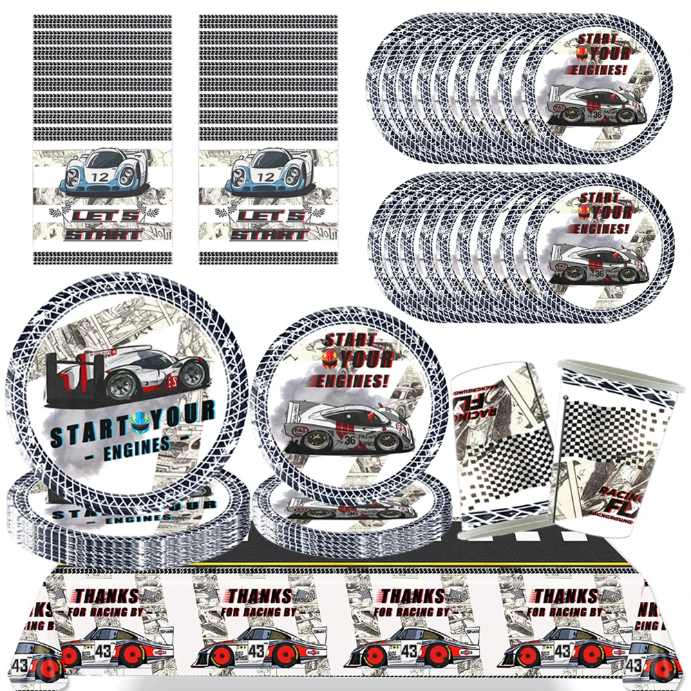 Racing Car Party Supplies Black and white Checked Flags Start Your Engines Paper Plates Cups Napkins Racing Birthday Decorations