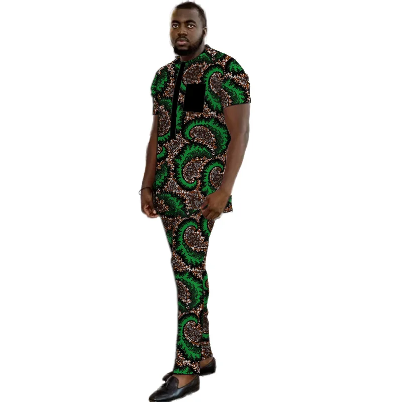 African Print Men's Set Clothing Tops With Black Pocket Tailored Modern Design Male Pant Suits Wedding Party Outfits