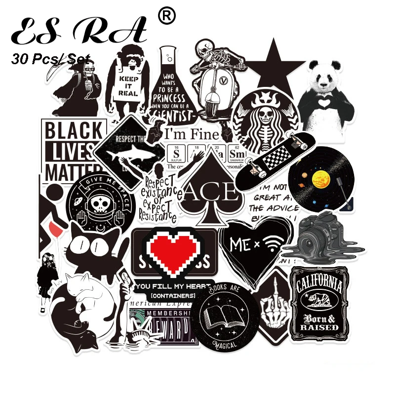 30 Pcs/Set Laptop Stickers Black White Funny Stickers Waterproof Pegatinas Car Decals PVC Waterproof For Guitar Skateboard Motor