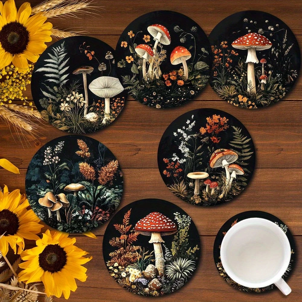 Set of 6 2D Mushroom Theme Pattern Art Coasters Round Wooden Heat Resistant Non-Slip Home Decor Gift Multifunctional Decoration