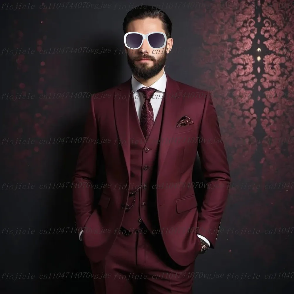 

Customized Burgundy Men Suit Formal Occasion Wedding Party Groom Groomsman Business Male Tuxedos 3 Piece Set Jacket Vest Pants