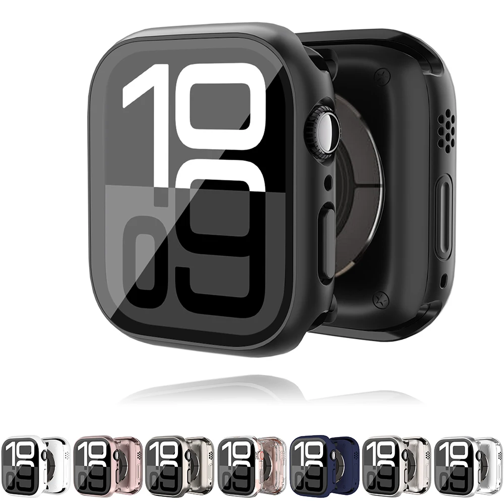 Стеклянная пленка + чехол для Apple Watch 42 мм, 46 мм, 44 мм, 45 40 мм, 41 мм, жесткий передний + задний бампер из ПК для iwatch series 10 9 8 7 6 5 4 se