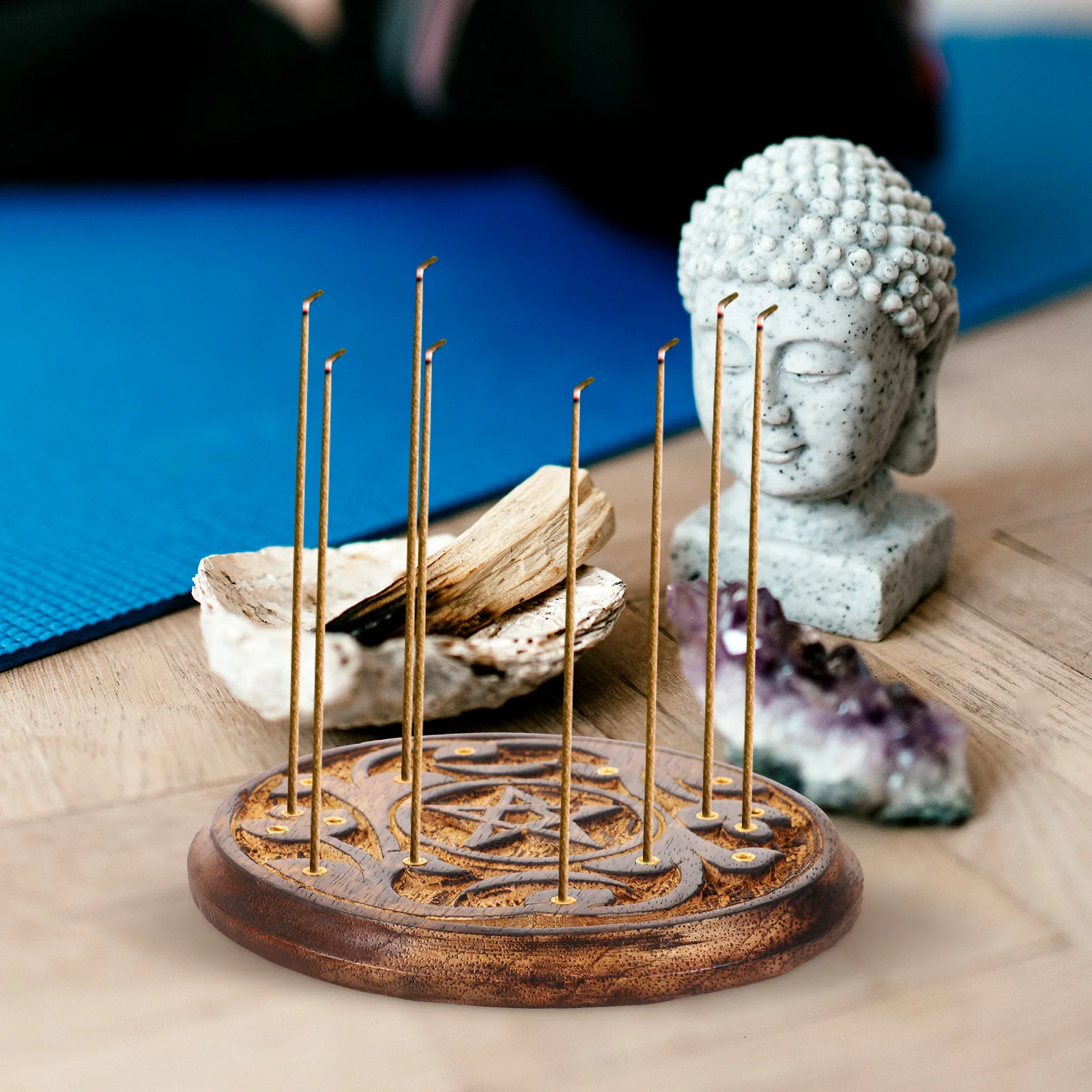 

Wooden Incense Burner Round Star Holder Carved Design Stick Plate Home Decor Censer Desktop Ornament Table Aromatic