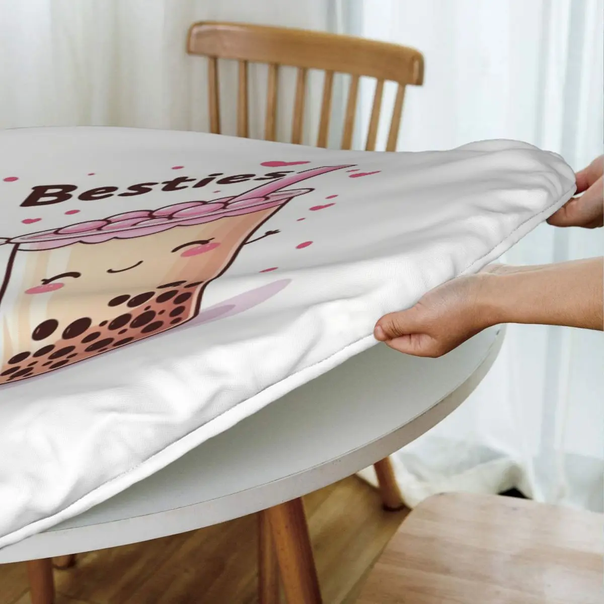Boba Besties Cute Kawaii Bubble Tea Waterproof Round Tablecloth Oilproof Table Cloth for Kitchen Events Dining Table Cover