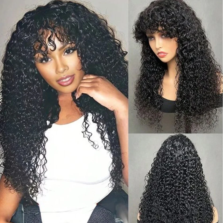 

Kinky Curly Human Hair Wigs With Bangs For Women Full Machine Made 30 Inches Deep Wave Fringe Wig Glueless Wigs Natual Color